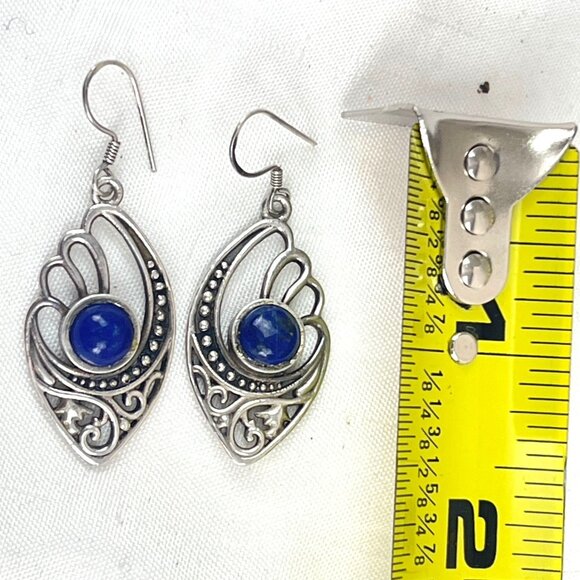 Sterling Silver Lapis Gemstone Dangle Earrings With Intricate Filigree Design Bo - Picture 10 of 10